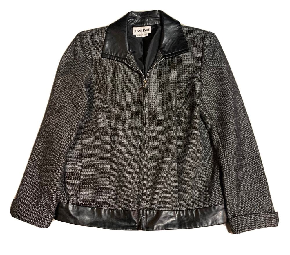 Vtg Joan Leslie Womens Tweed Blazer Sz 8 Black Faux Leather Trim Office Academia